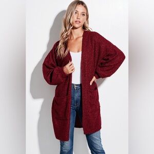 Sherpa Teddy Fleece Cardigan in Burgundy NWT